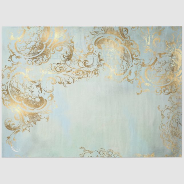 Left Peacock Gold Dusty Blue Coordinate Decoupage Tissue Paper (Front)