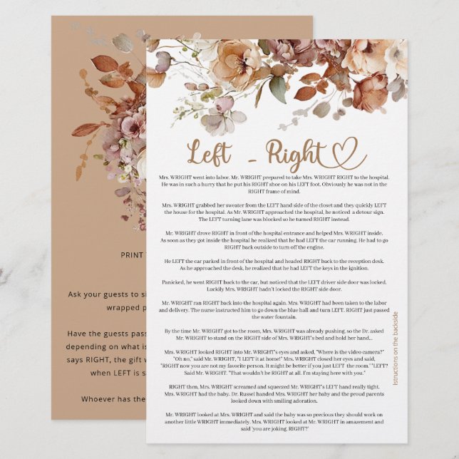 Left Right Baby in Bloom Floral Baby Shower  (Front/Back)