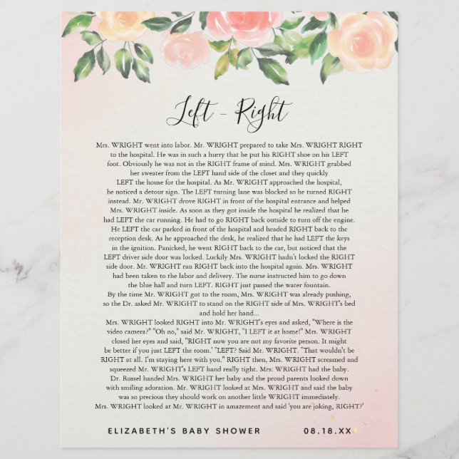 Left - Right | Baby Shower Game (Front)