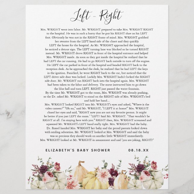 Left - Right | Baby Shower Game (Front)