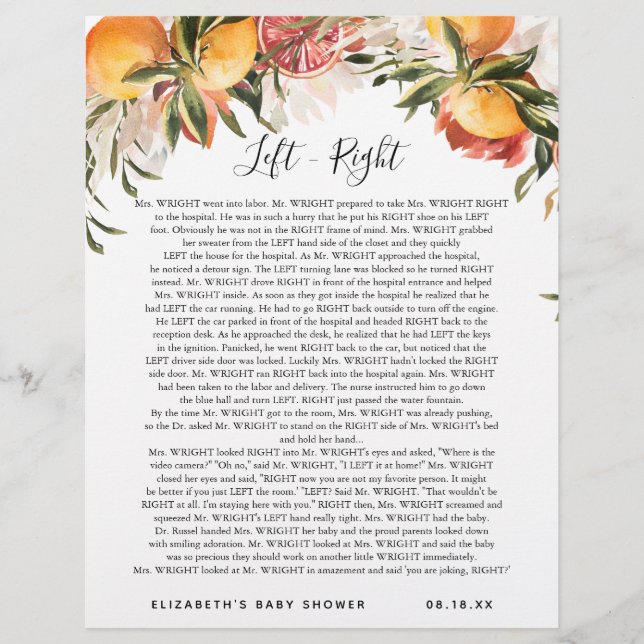 Left - Right | Baby Shower Game (Front)