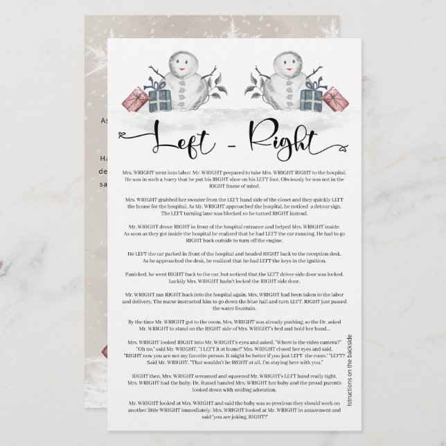 Left Right Snowman Baby Shower  (Front/Back)