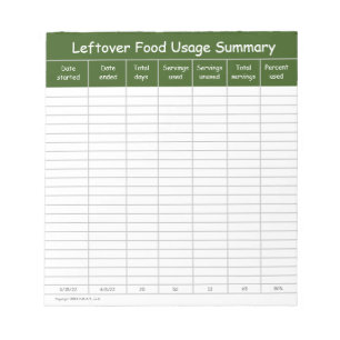 Leftover Food Usage Summary Notepad