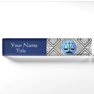LEGAL OFFICE, ATTORNEY BLUE BLACK WHITE DAMASK NAMEPLATE