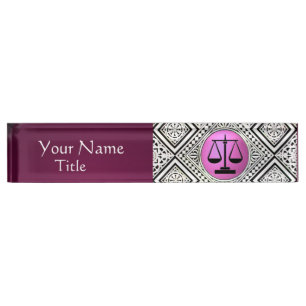 LEGAL OFFICE, ATTORNEY PINK PURPLE WHITE DAMASK NAMEPLATE