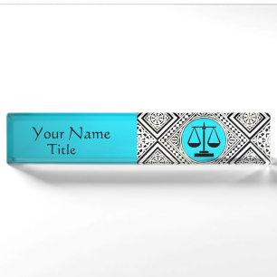 LEGAL OFFICE, ATTORNEY TEAL BLUE WHITE DAMASK NAMEPLATE