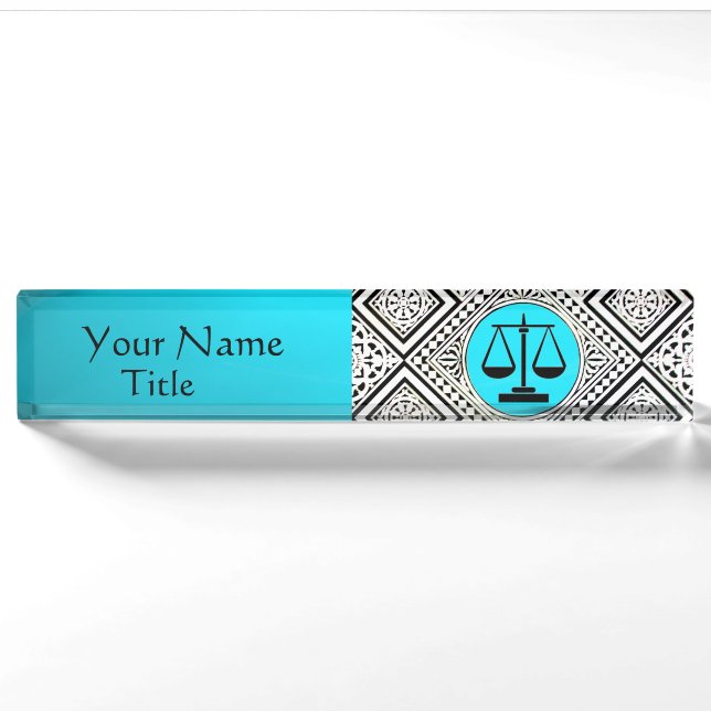LEGAL OFFICE, ATTORNEY TEAL BLUE WHITE DAMASK NAMEPLATE (Front)