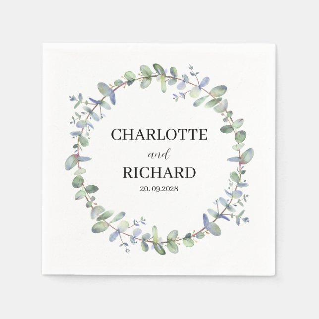 legant Eucalyptus Wreath Personalized Wedding  Napkin (Front)