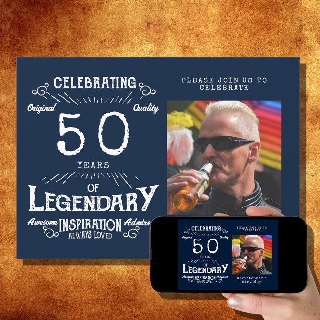 Legend 50th Birthday Photo Blue Vintage Invitation (Creator Uploaded)
