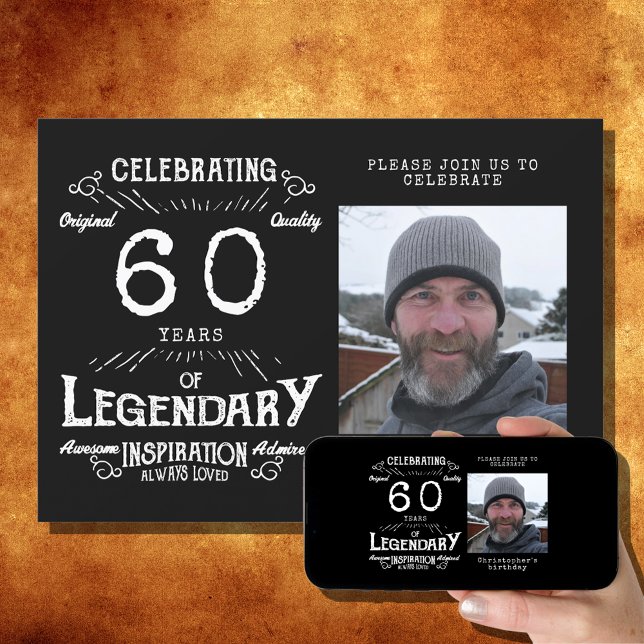 Legend 60th Birthday Photo Black Vintage Invitation (Creator Uploaded)