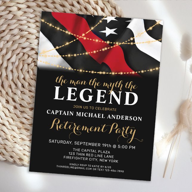 Legend Thin Red Line Firefighter Retirement Invitation Postcard (Creator Uploaded)
