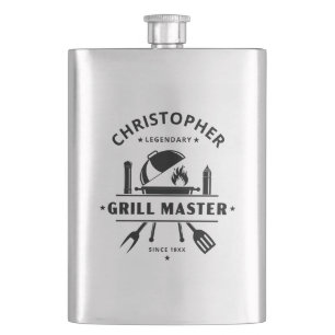 Legendary Grill Master BBQ Black Personalized Name Hip Flask