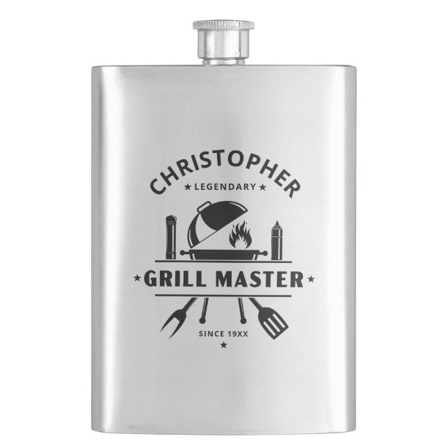 Legendary Grill Master BBQ Black Personalized Name Hip Flask (Front)