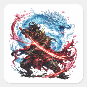Legendary Samurai & Blue Dragon Mug   Japanese War Square Sticker