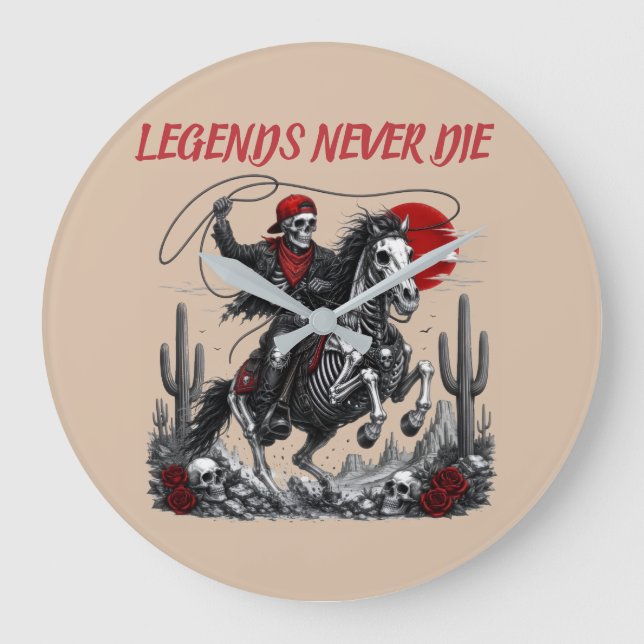LEGENDS NEVER DIE – Skeleton Cowboy Riding Horse  Large Clock (Front)