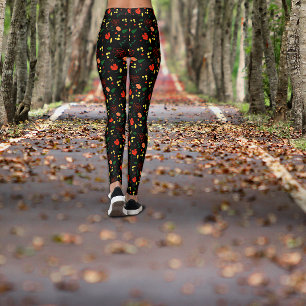 Legging à motif noir et feuilles de pavot rouge