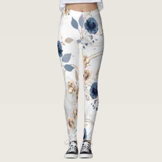 Legging floral élégant bleu marine et beige à l'aq