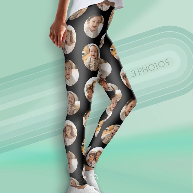 Leggings 3 Photo Collage Motif demi-brique - Cercle noir (Custom Leggings with Photo Collage)