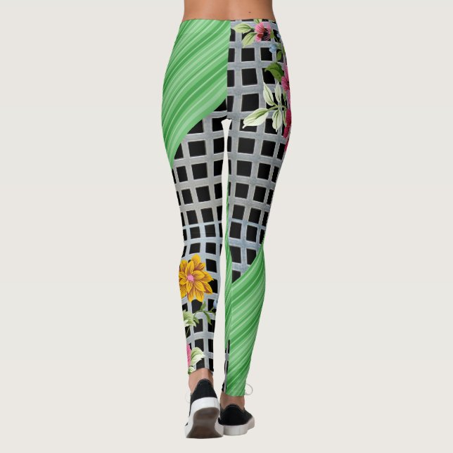 Leggings à damiers Jambes blanches florales vertes (Dos)