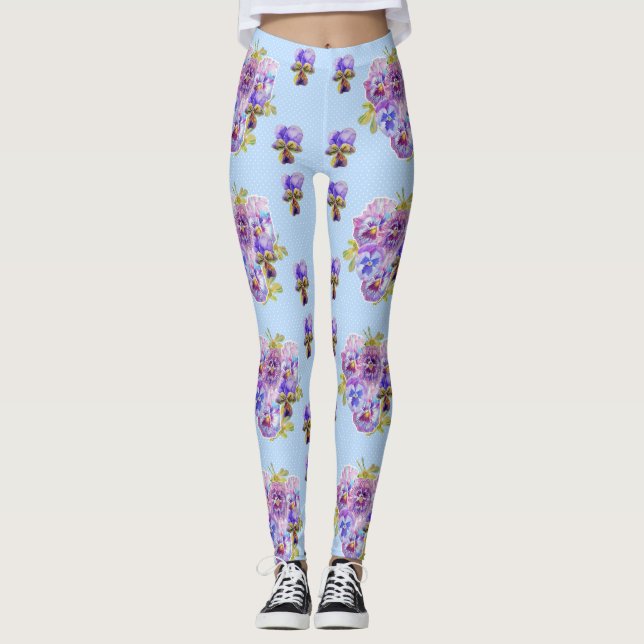 Leggings à points floraux Shabby Chic Blue Pansy (Devant)