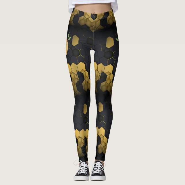 Leggings Abeille à nid d'abeille Noir et Or unique (Devant)