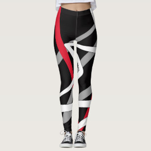 Leggings, abstract design, black, gray, red, white leggings