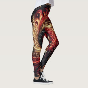 Leggings Abstrait Moderne Tourbillons Rouge, Noir et Or