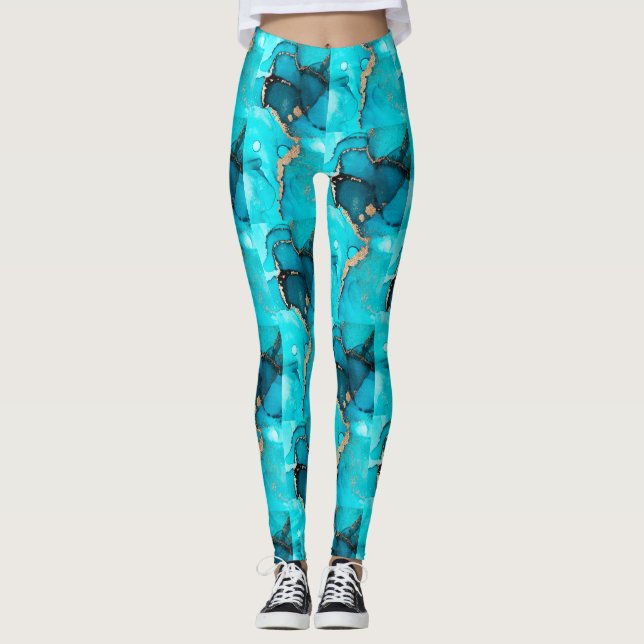 Leggings Abstrait Vert Motif Méditerranée Turquoise (Devant)