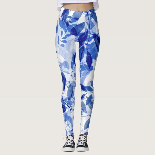 Leggings Abstraits Feuilles bleu et blanc (Devant)