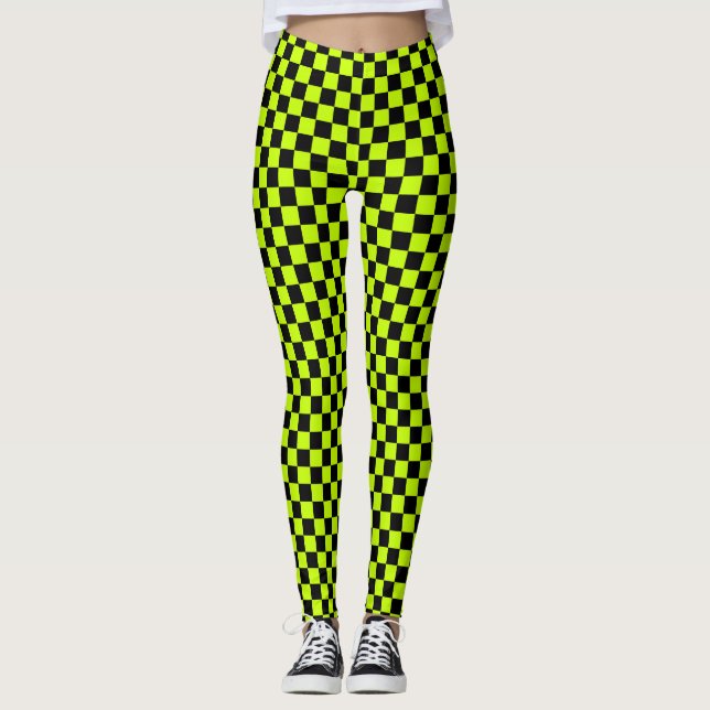 Leggings Acid green black checkerboard pattern (Devant)