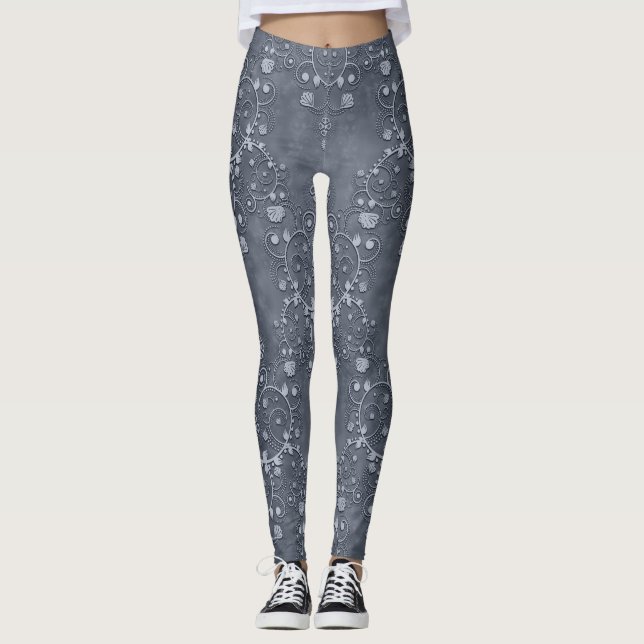 Leggings Acier/Gris d'eau et Damas florale gris clair (Devant)
