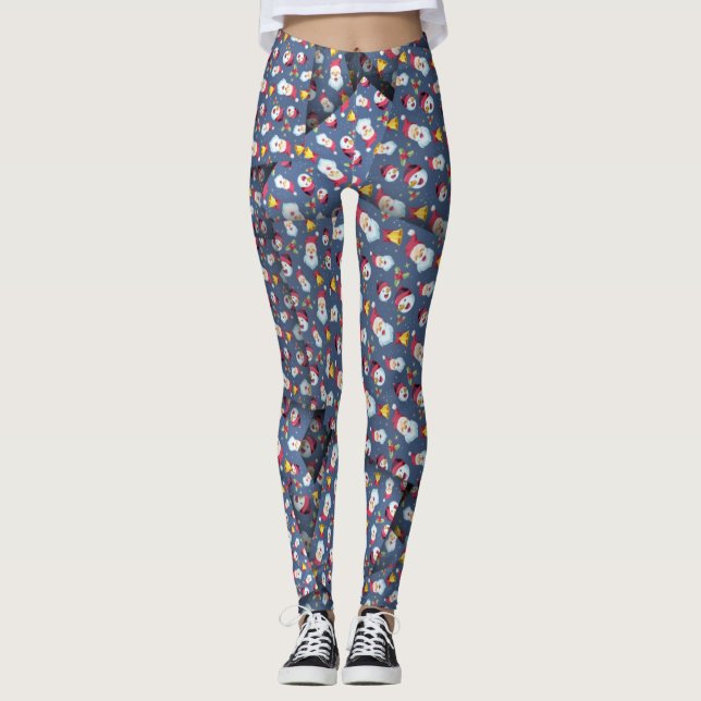 Leggings Adorables Jote Snowmen Arrière - plan bleu [3D] Yo (Devant)