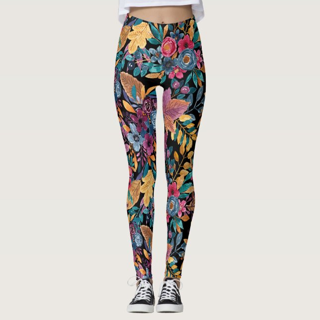 Leggings Affaire mixte Floral Leaves Berry Watercolor (Devant)
