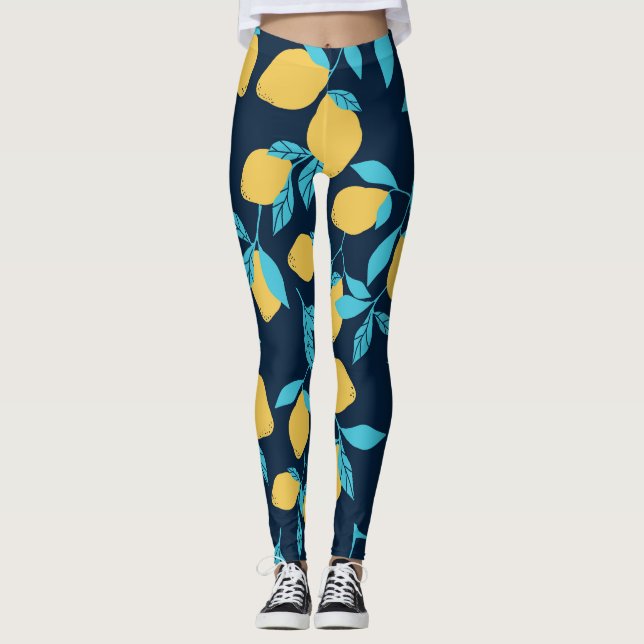 Leggings Agrumes simples : citrons sur le bleu. (Devant)
