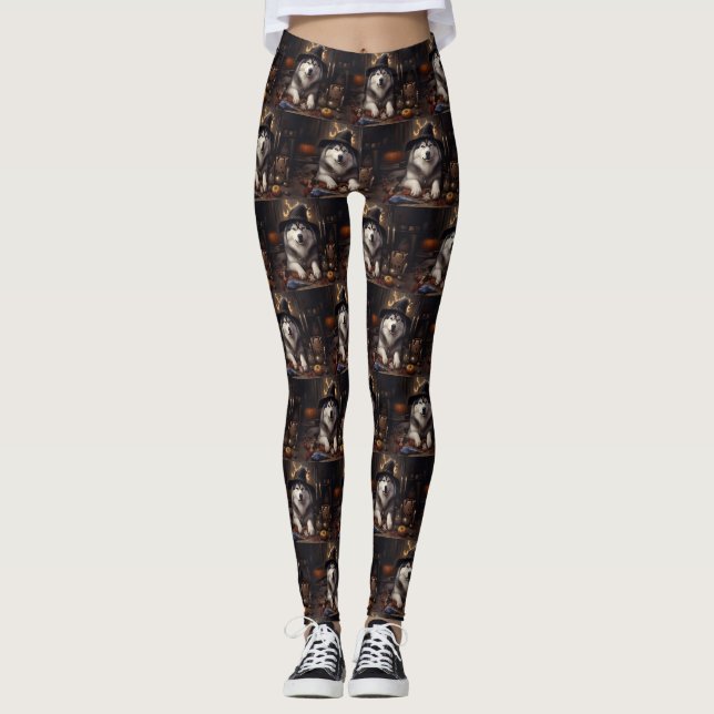Leggings Alaskan Malamute Citrouilles Halloween effrayant (Devant)