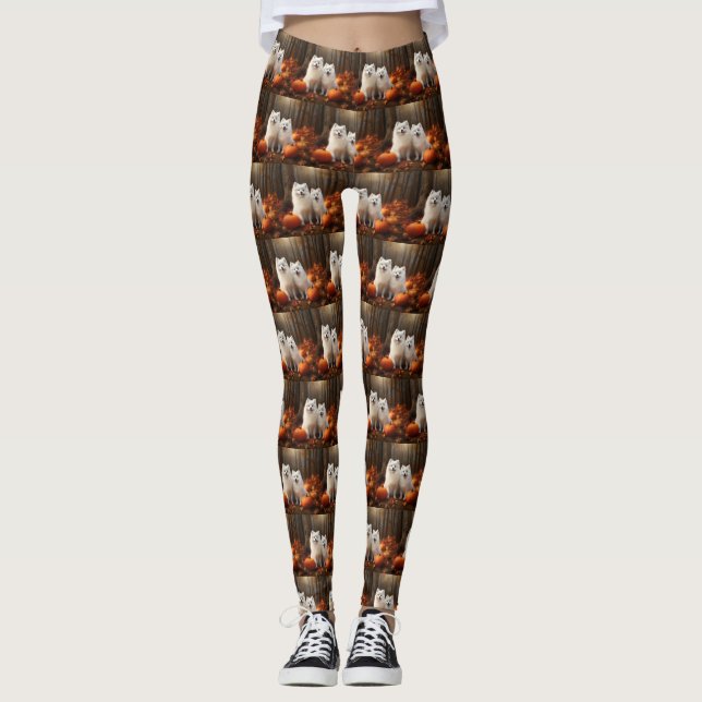 Leggings American Eskimo Chiot Automne Citrouille délice (Devant)
