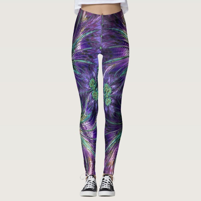 Leggings Amethyst Purple et Aqua Feathers Abstrait (Devant)