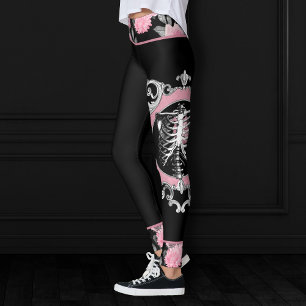 Leggings Amour gothique Squelette rose et noir Coeur flor