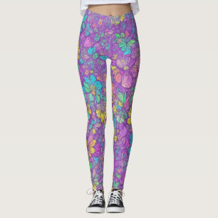 Leggings Amusant Joli Couleur Violet Boho Hippie Motif Flor