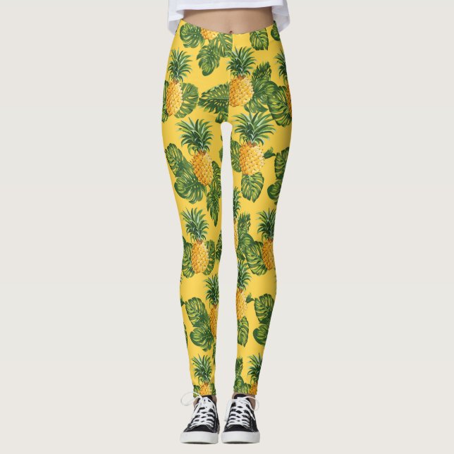 Leggings Ananas et Feuilles tropicaux en or (Devant)