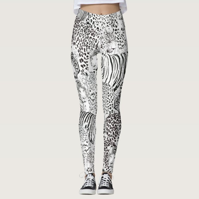 Leggings Animaux modernes de tigres léopards noirs blancs (Devant)