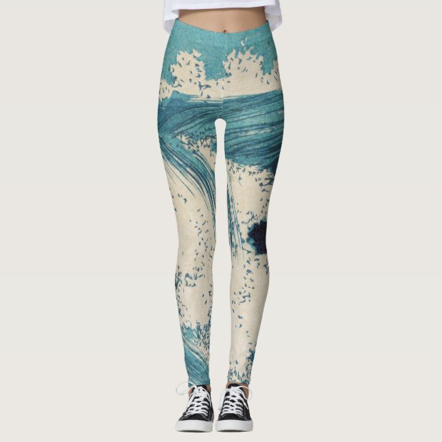 Leggings Antique Japonais Bleu Vagues Océan Imprimer (Devant)