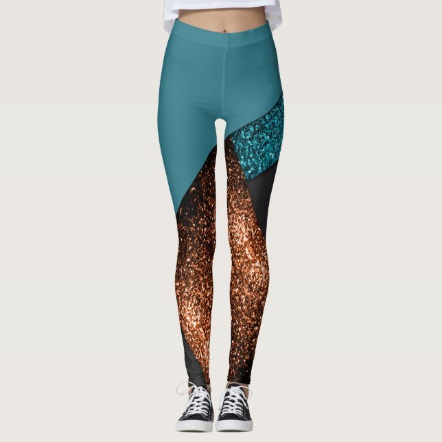 Leggings Aqua bleu et bronze scintille de couleur moderne (Devant)