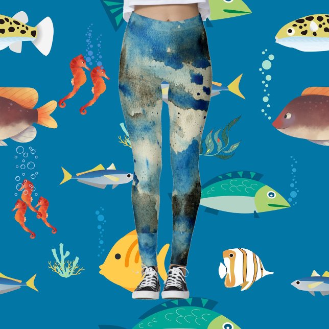 Leggings Aqua Blue Sea Art Abstrait Moderne Chic Aquarelle (Aqua Blue Sea Abstract Art Modern Chic Watercolour Leggings)