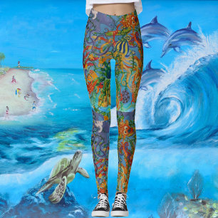 Leggings Aqua Blue Sea Art Abstrait Octopus Modern Chic