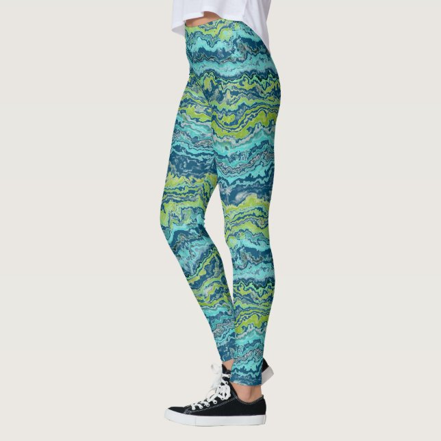 Leggings Aqua Turquoise Lime Green Minéraux Motif d'âge (Gauche)