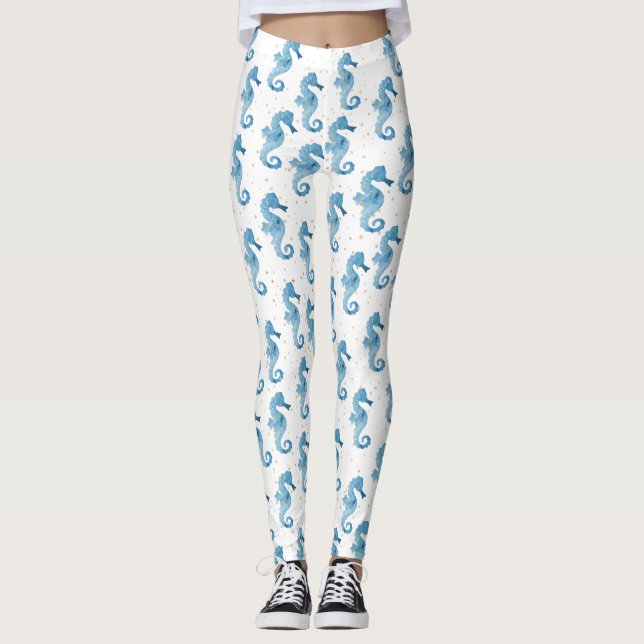 Leggings Aquarelle Bleu Cute Seahorses Or Épercées (Devant)
