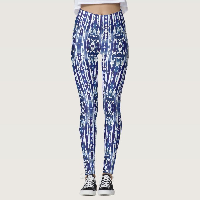 Leggings Aquarelle bleu foncé nuances shibori teint cravate (Devant)