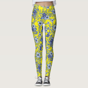 Leggings Aquarelle bleu motif floral B jaune BG