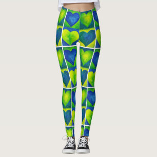 Leggings Aquarelle bleu vert Coeurs Art Amour Coeur Imprime